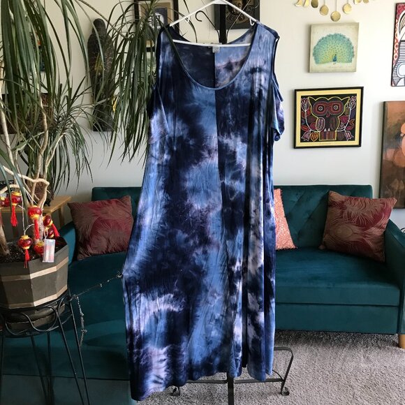 Catherines Dresses & Skirts - CATHERINES size 3X Navy Blue Tie Dye Stretch Jersey Cold Shoulder Maxi Dress